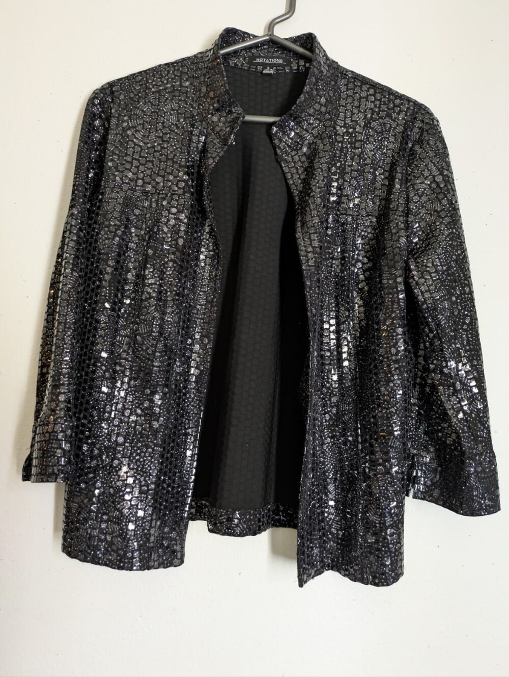 Notations Black & Silver Sequin Mosaic Open Front Blazer Jacket Sz S
